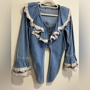 Vintage Long Sleeve Denim  Button downTie Front Crop with Ruffle white Mesh Trim